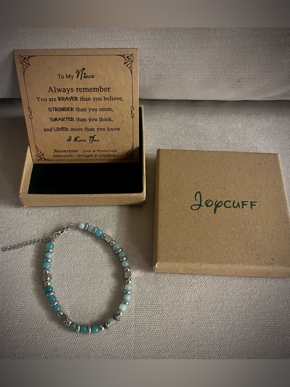 Joycuff "To My Niece" bracelet with Moonstone & Amazonite beads - NEW in box